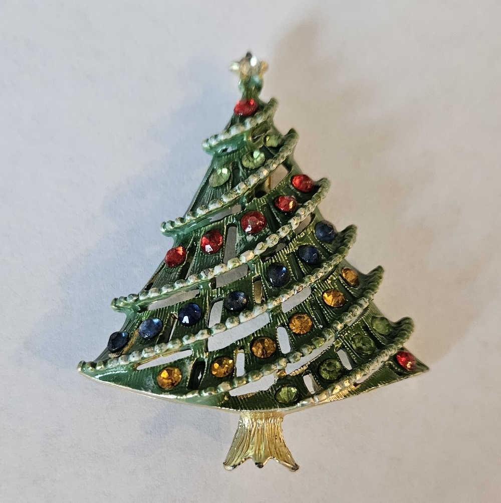Christmas Tree Brooch Pin Enamel Rhinestones